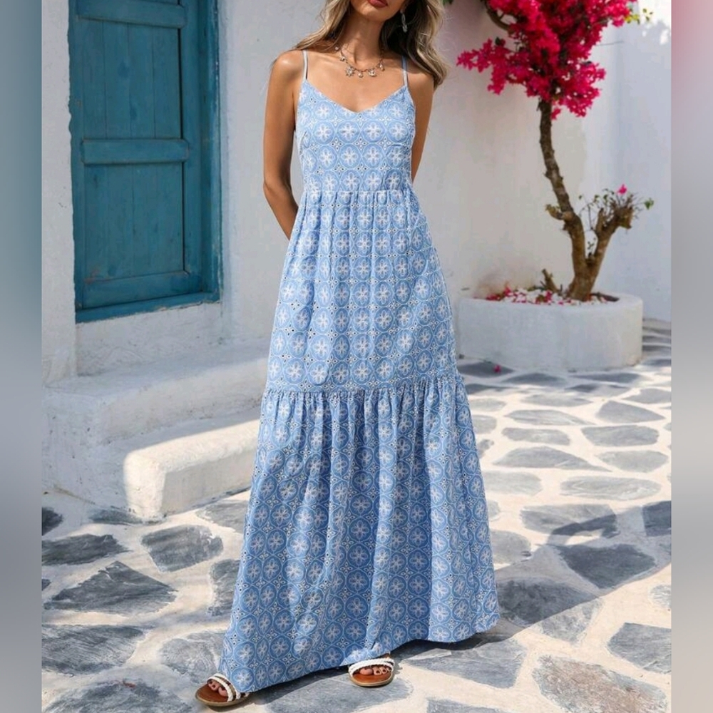 NEW Flowy Embroidered Eyelet Lace Tiered Cami Maxi Dress Blue White - Picture 6 of 9